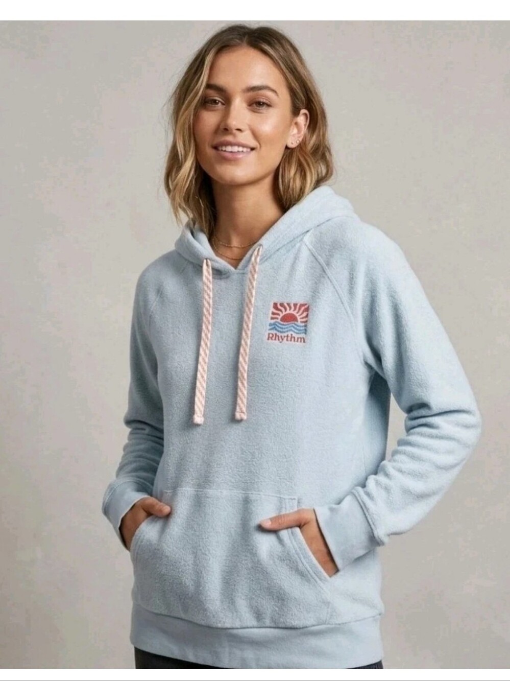 Rhythm The Dawn Fleece Hoodie Sweatshirt Pullover Womens Blue Pink Retro Surf M